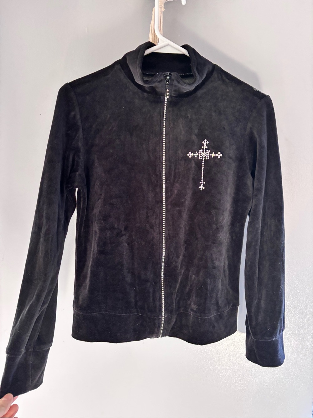 Vintage Y2K Black Velour Rhinestone Cross Zip Up Track Jacket Small